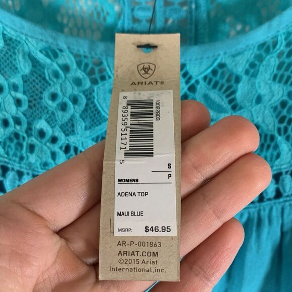 New Ariat Blouse Women's Small Blue Short Sleeve Crotche Round Neck Lightweight - Picture 2 of 9